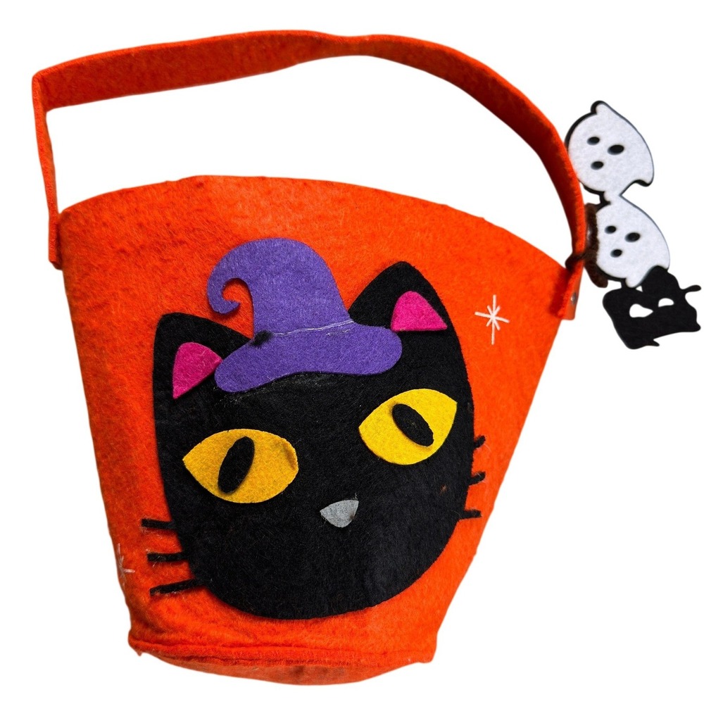 Halloween Black Cat Felt Trick or Treat Bucket Orange Witch Hat Momentum Brands